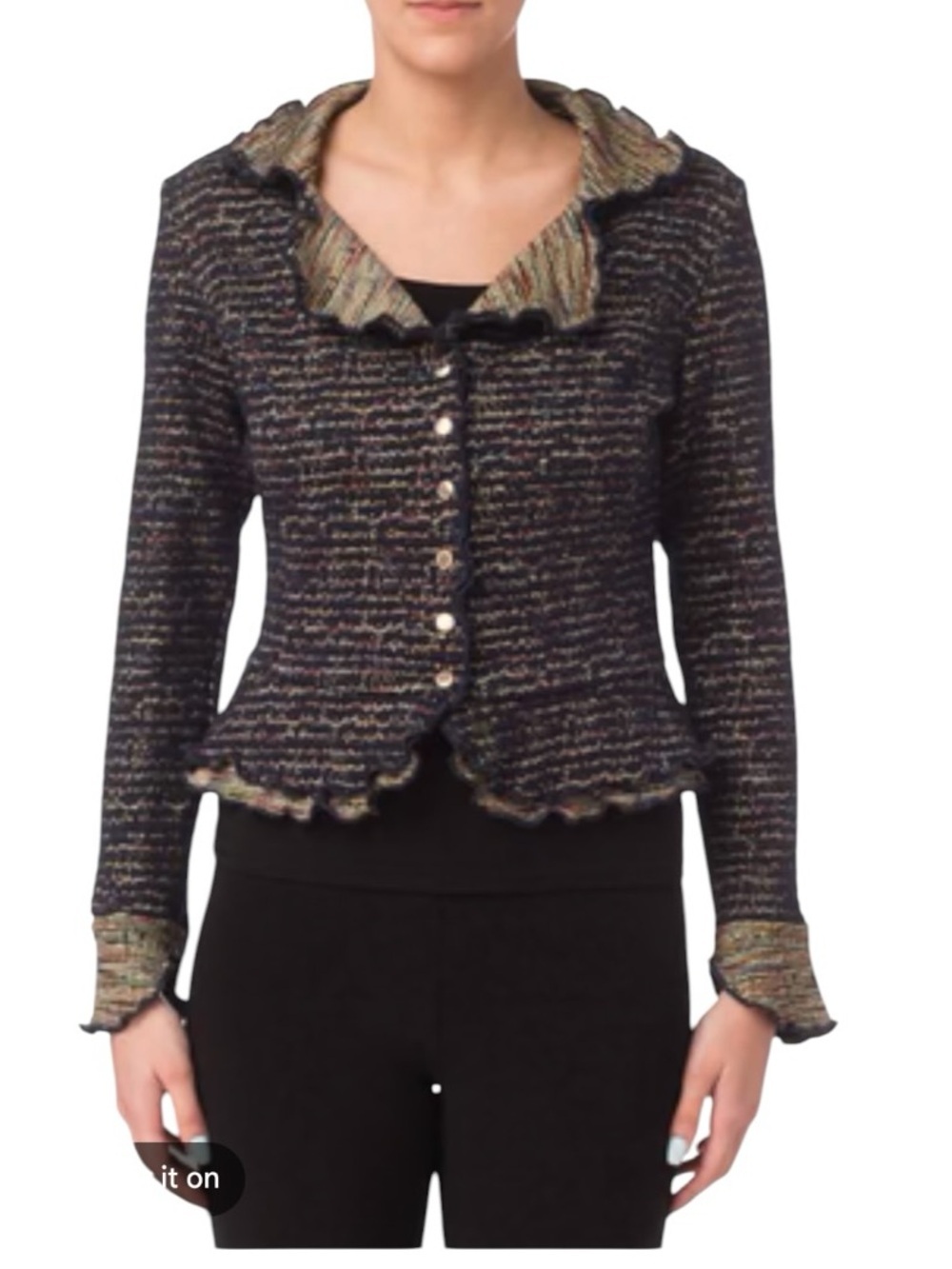 Joseph Ribkoff Ruffle Jacquard Blazer Cropped Peplum Knit Jacket Black 10 $295